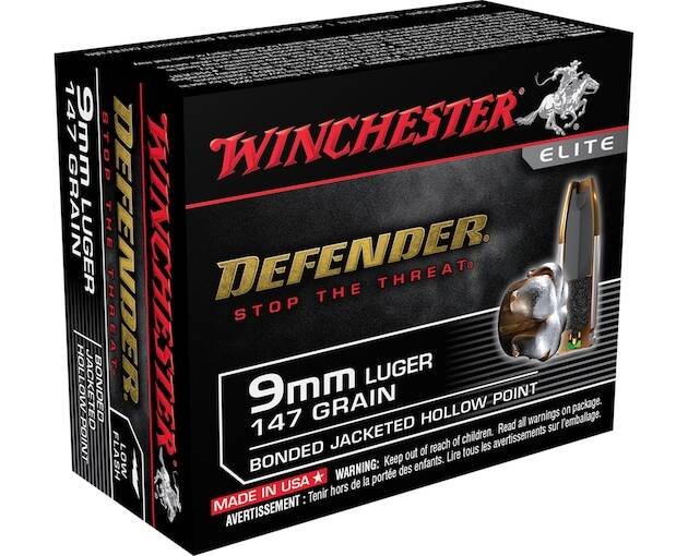 Winchester Defender Ammunition 9mm Luger 147 Grain Bonded Jacketed Hollow Point 500 round