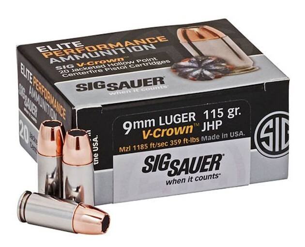 Sig Sauer Elite Performance Ammunition 9mm Luger 115 Grain V-Crown Jacketed Hollow Point 500 round