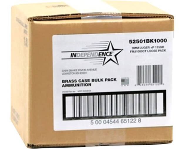 Independence Ammunition 9mm Luger +P 115 Grain Full Metal Jacket Box of 1000 (Bulk)