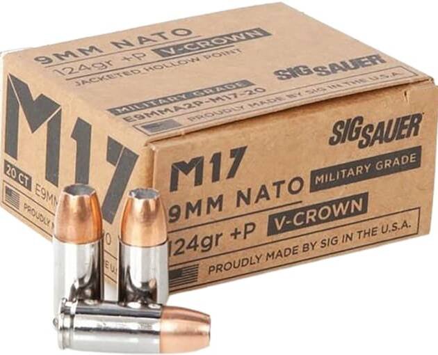 Sig Sauer Elite Performance M17 Ammunition 9mm Luger +P 124 Grain V-Crown Jacketed Hollow Point 500 round