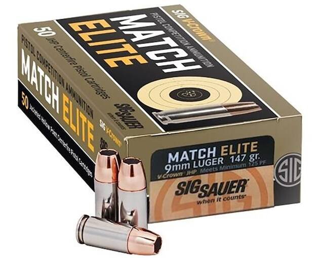 Sig Sauer Match Elite Ammunition 9mm Luger 147 Grain V-Crown Jacketed Hollow Point 500 round