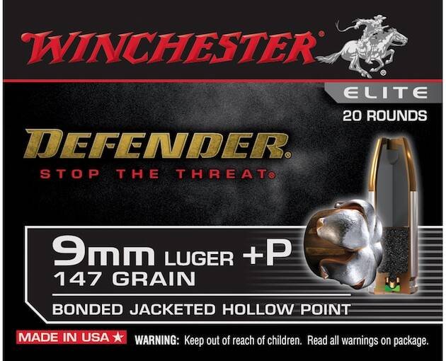 Winchester Defender Ammunition 9mm Luger +P 147 Grain Bonded Jacketed Hollow Point 500 round