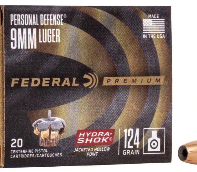 Federal Premium Centerfire Handgun Ammunition 9mm Luger 124 grain Hydra-Shok Jacketed Hollow Point 500 rounds