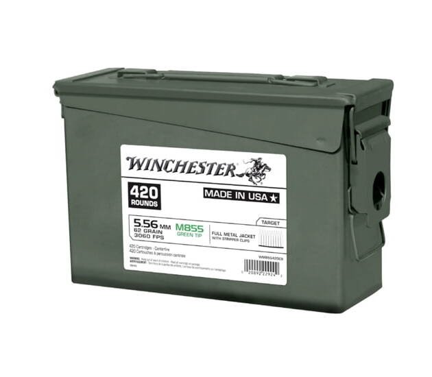 Winchester 5.56x45mm NATO 62 grain Full Metal Jacket Boat Tail (FMJBT) __ Green Tip (M855) Brass Centerfire Rifle Ammunition 500 ROUNDS