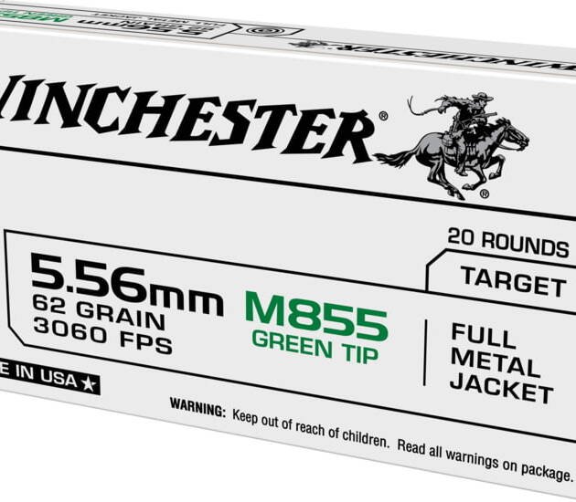 Winchester USA 5.56x45mm NATO 62 grain Green Tip (M855) Full Metal Jacket Boat Tail (FMJBT) Brass Centerfire Rifle Ammunition 500RDS