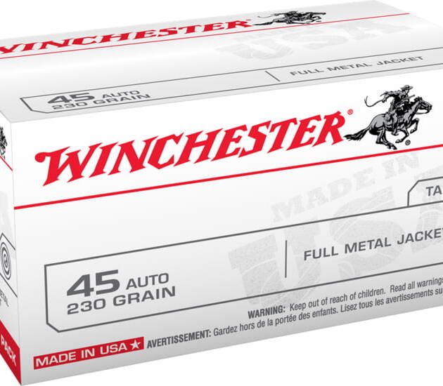 Winchester USA HANDGUN .45 ACP (Auto Ammo) 230 grain Full Metal Jacket Brass Cased Centerfire Pistol Ammunition 500 ROUNDS
