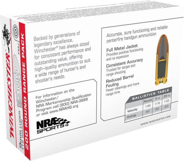 Winchester USA HANDGUN 9mm Luger 115 grain Full Metal Jacket  500 rounds