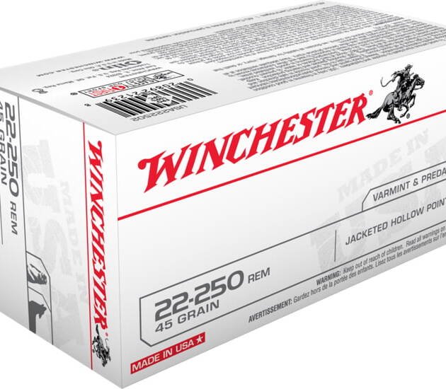 Winchester USA RIFLE .22-250 Remington 45 grain Jacketed Hollow Point Brass Cased 500 rounds